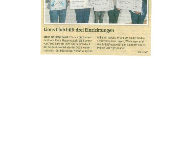 Scheckübergabe der Erlöse aus dem Kinder-Adventskalender 2015